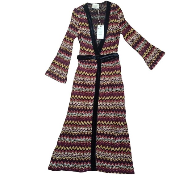 DX Collection Dixie Bohemian Chevron Maxi Wrap Dress Size S Belted Bell Sleeve - Picture 2 of 9